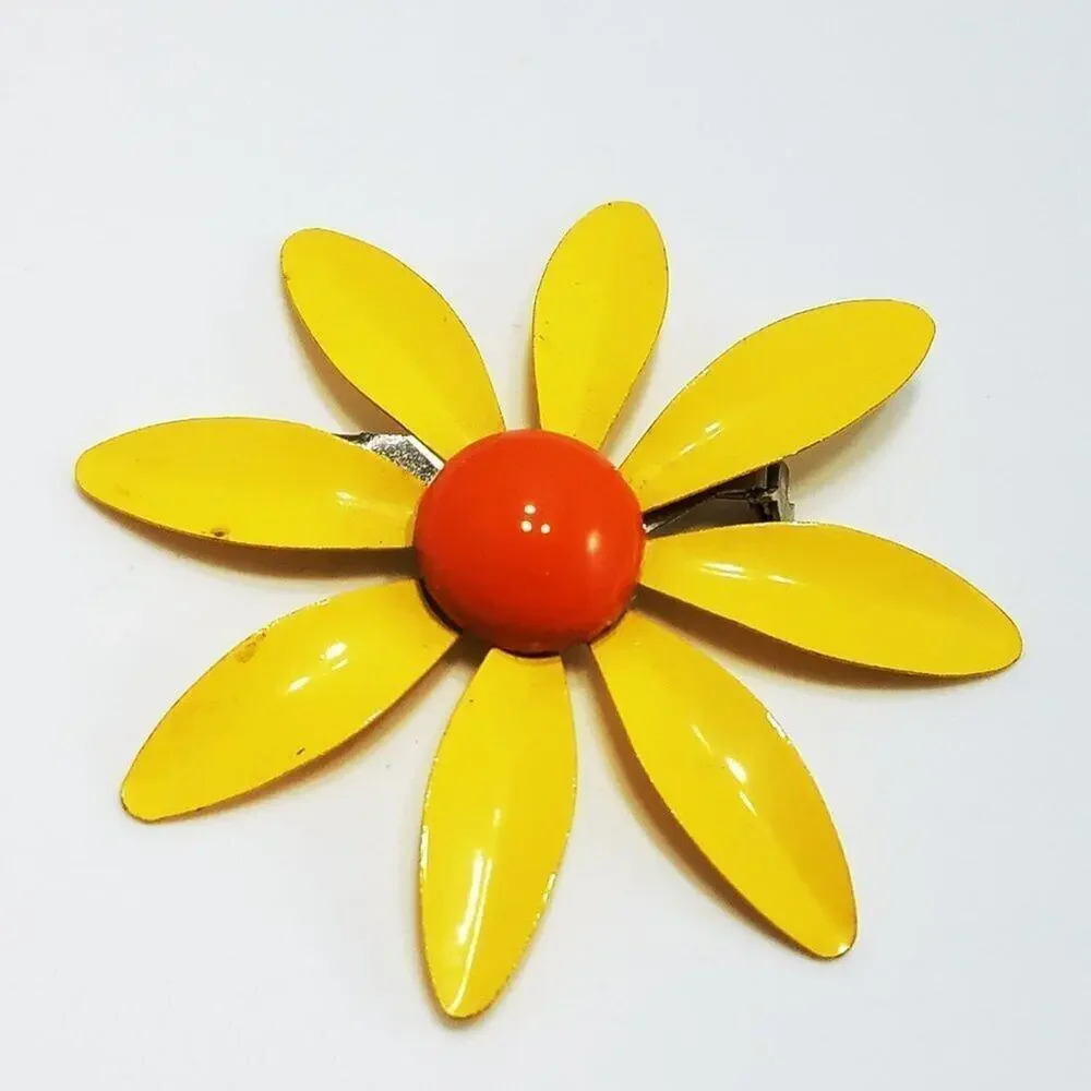 Vintage 1960s Yellow Enamel Daisy Flower Brooch Orange Center Mod Pin Jewelry